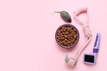 Bowl of wet pet food, grooming brush and toys on pink backgroundの写真素材