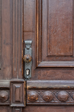 View of old wooden door in city, closeupの写真素材