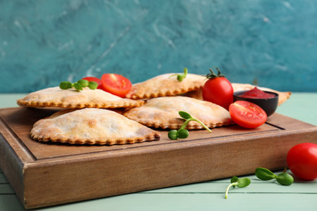 Board with baked meat empanadas, sauce and tomatoes on color wooden table, closeup
