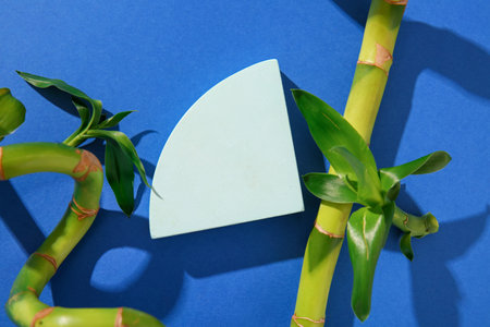 Green bamboo stems and plaster podium on blue backgroundの写真素材