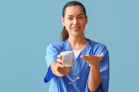 Female doctor with test container on blue backgroundの写真素材