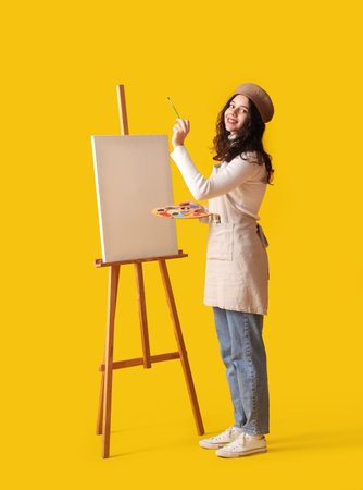 Teenage artist with brush, paint palette and easel on yellow backgroundの写真素材