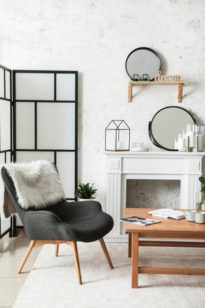 Interior of modern room with fireplaceの写真素材