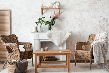 Interior of modern room with fireplaceの写真素材