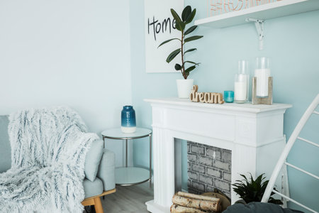 Interior of modern room with fireplaceの写真素材