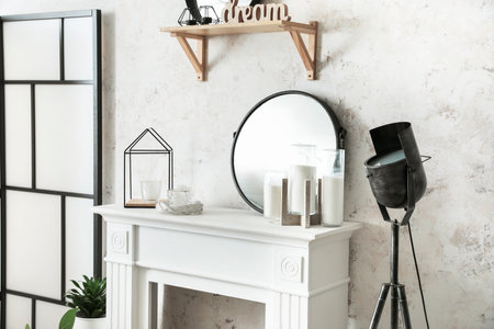 Interior of modern room with fireplaceの写真素材