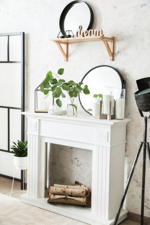 Interior of modern room with fireplaceの写真素材