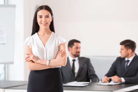 businesswoman during meeting in officeの写真素材