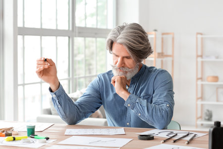 Senior male calligrapher working in officeの写真素材