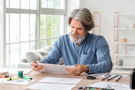 Senior male calligrapher working in officeの写真素材