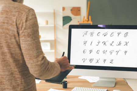 Senior male calligrapher working in office