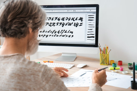 Senior male calligrapher working in office