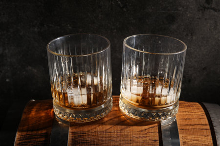 Glasses of cold whiskey on wooden barrel against dark backgroundの写真素材