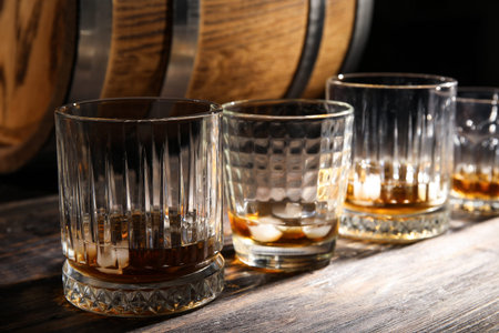 Glasses of cold whiskey on dark wooden background
