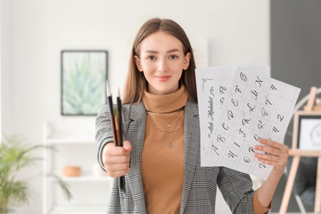 Portrait of female calligrapher in office