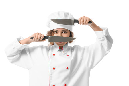 Female African-American chef with knives on white backgroundの写真素材
