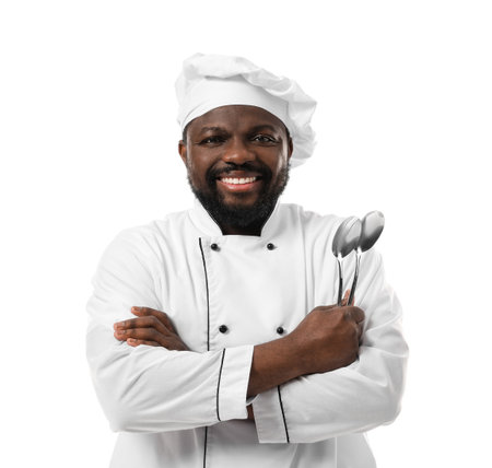 Male African-American chef on white backgroundの写真素材