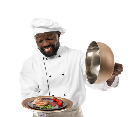 Male African-American chef with tasty dish on white backgroundの写真素材