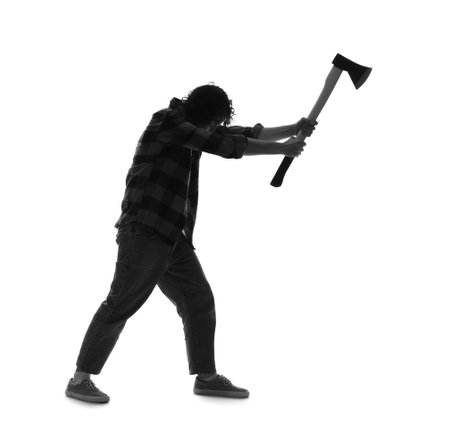 Silhouette of maniac with axe on white backgroundの写真素材