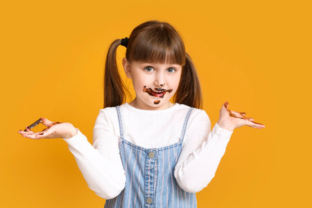 Cute funny girl with chocolate on color backgroundの写真素材