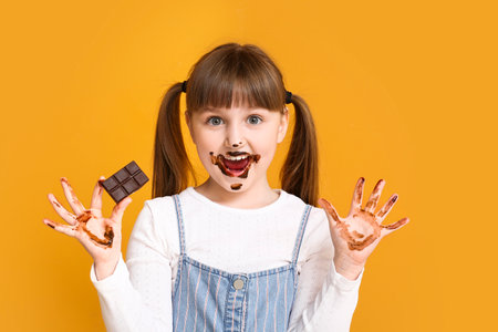 Cute funny girl with chocolate on color backgroundの写真素材