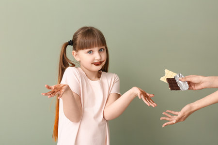 Cute funny girl and hands with chocolate on color backgroundの写真素材