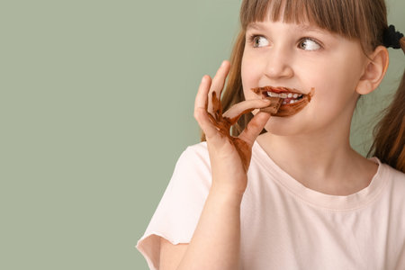 Cute funny girl with chocolate on her face and hands against color backgroundの写真素材