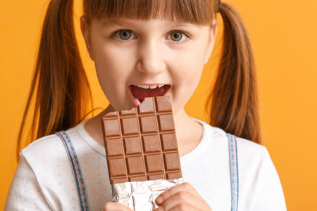 Cute funny girl with chocolate on color backgroundの写真素材