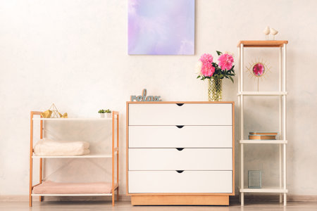 Interior of room with modern chest of drawersの写真素材