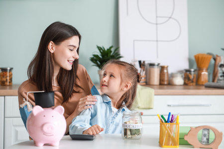 Little girl and her mother with savings for education at homeの写真素材