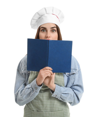 Young woman with recipe book on white backgroundの写真素材