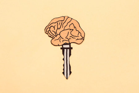 Paper human brain with key on color background