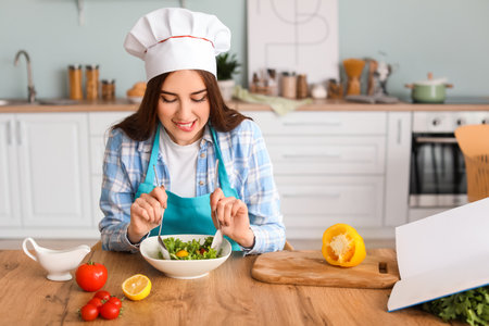 Young woman making tasty salad in the kitchenの写真素材
