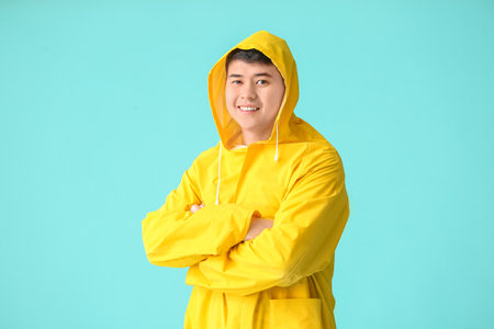Young Asian man in raincoat on color backgroundの写真素材