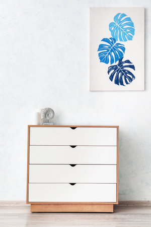 Modern chest of drawers near light wall in room