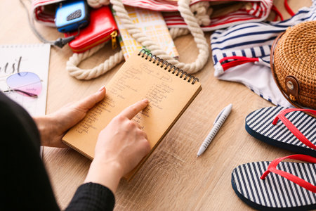 Woman making check-list of things to pack for travelの写真素材