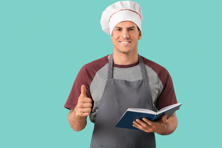 Young man with recipe book showing thumb-up gesture on color backgroundの写真素材