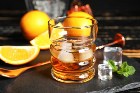 Glass of rum with ice cubes on dark wooden backgroundの写真素材