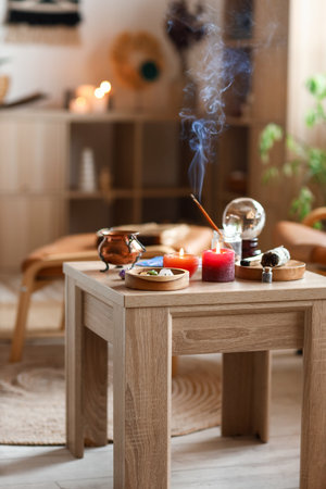 Magic attributes of modern witch on tableの写真素材