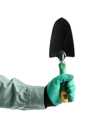 Gardener with shovel on white backgroundの写真素材