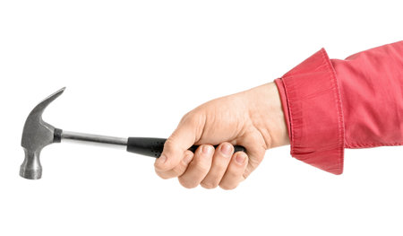 Worker with hammer on white backgroundの写真素材