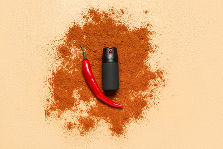 Spray with chili pepper powder on beige backgroundの写真素材