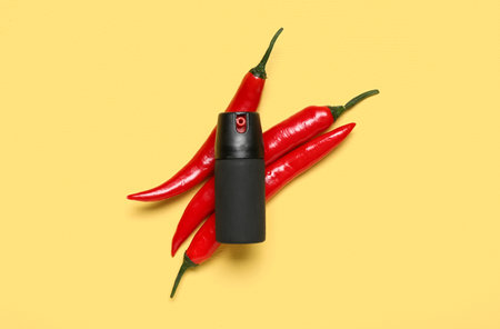 Spray with chili peppers on yellow backgroundの写真素材