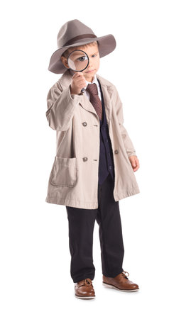 Cute little detective with magnifier on white backgroundの写真素材