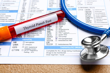 Blood sample in tube with stethoscope and laboratory test form on color background, closeup. concept...