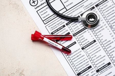 Blood samples in tubes with stethoscope and laboratory test form on white background. concept of thyroid diseaseの写真素材
