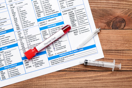 Blood sample in tube with syringe and laboratory test form on wooden background. concept of thyroid diseaseの写真素材