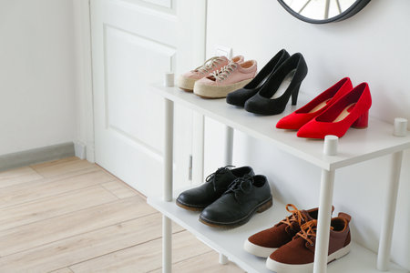 Stand with stylish shoes in interior of modern hallの写真素材