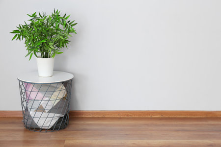 Modern table with houseplant near light wall in roomの写真素材