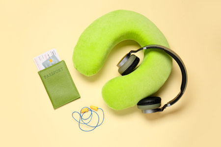 Travel accessories on color backgroundの写真素材